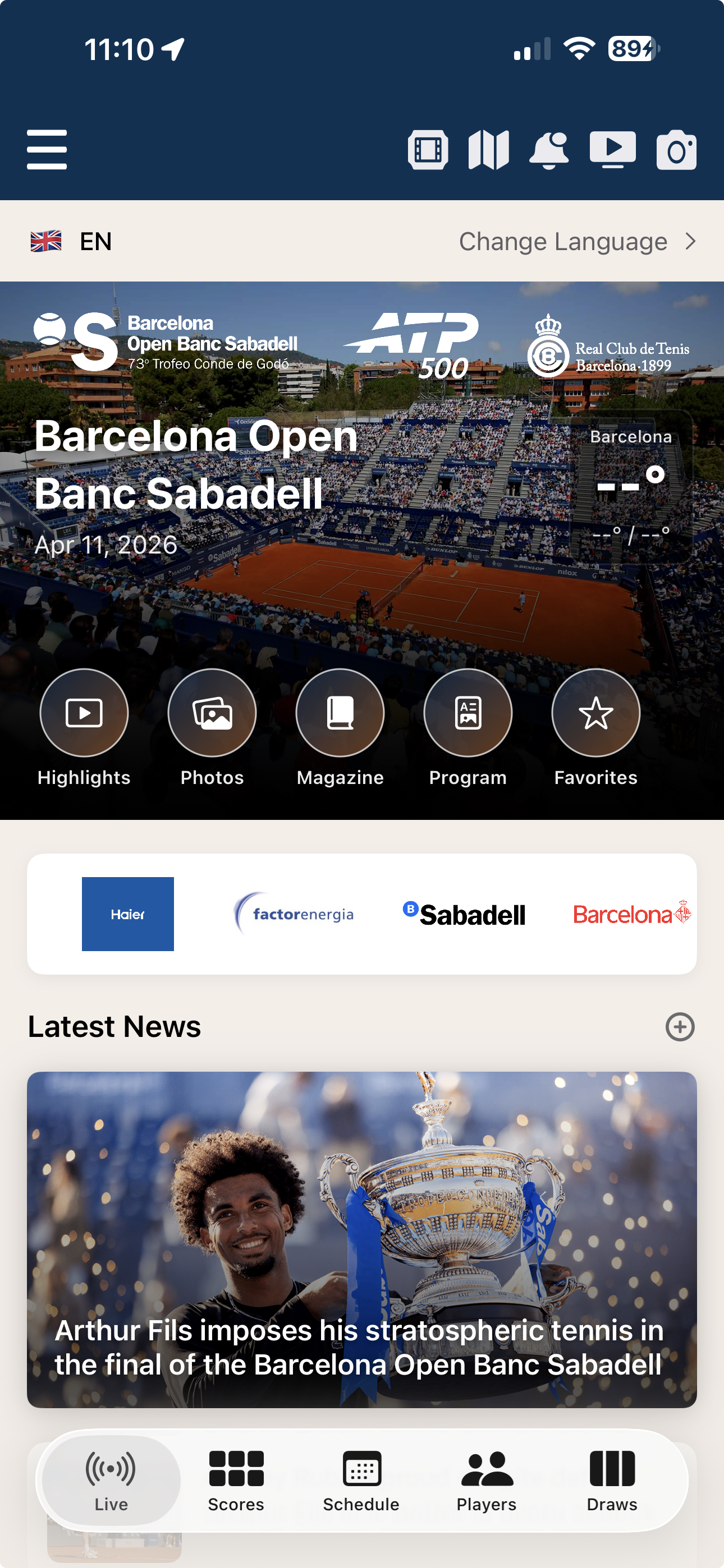 Barcelona Open Banc Sabadell official fan app home screen