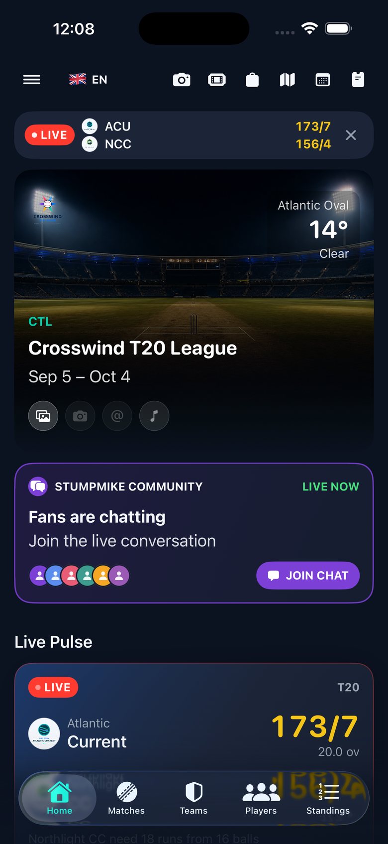 Branded cricket home screen with live scores and tournament content