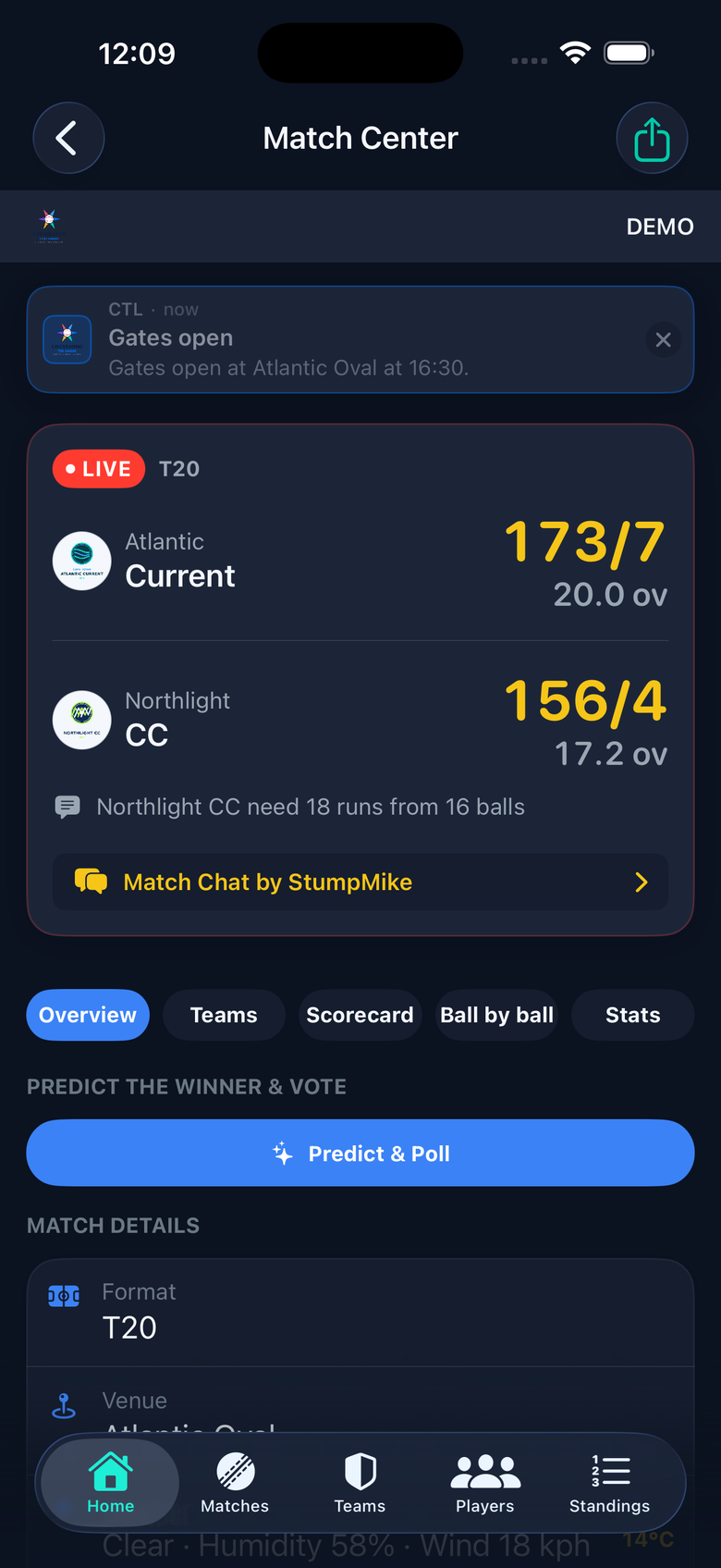 Match Center with live cricket scores, innings progress, and match status