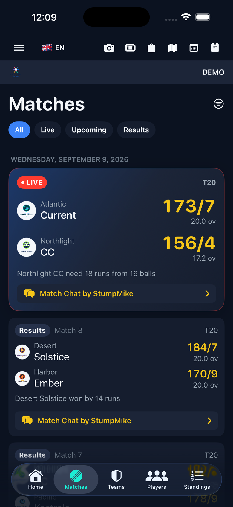 Matches list with live scores, results, and StumpMike match chat