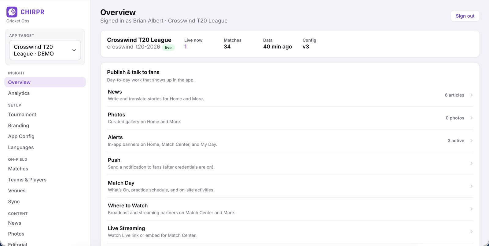 Crosswind T20 operator dashboard overview with live match status, publishing tools, and tournament configuration