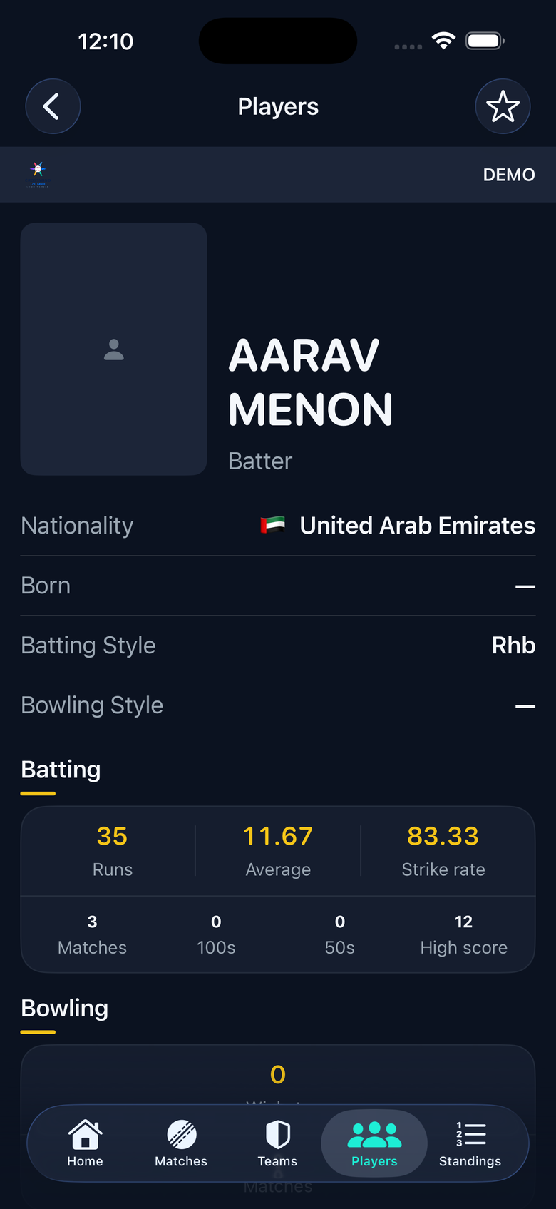 Player profile with batting and bowling statistics