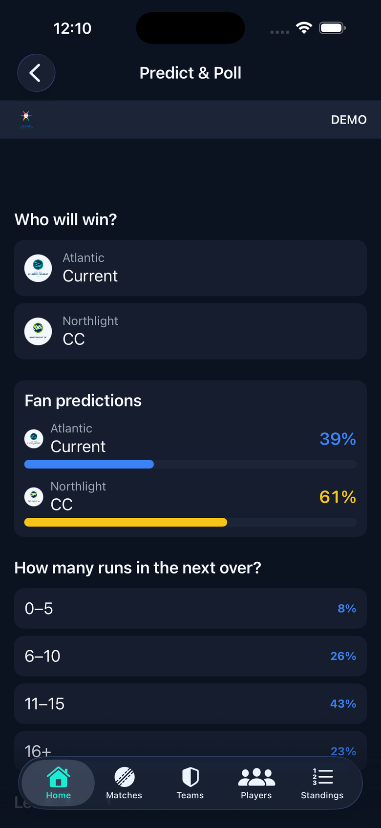 Predict and poll screen for picking a winner and voting on the next over