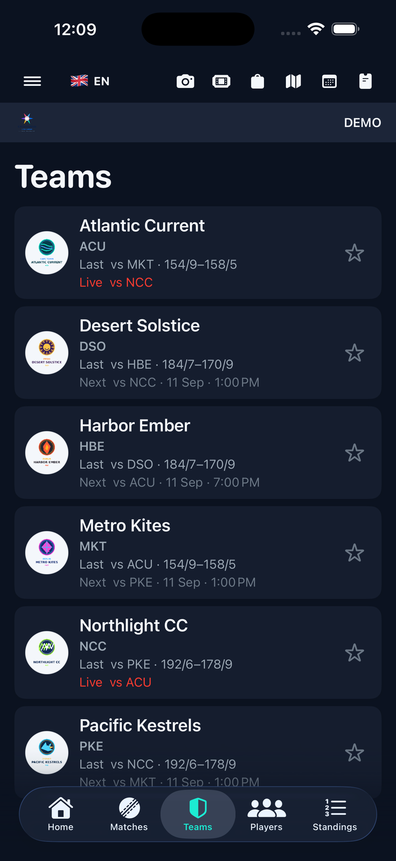 Teams directory with club marks, last results, and live match status