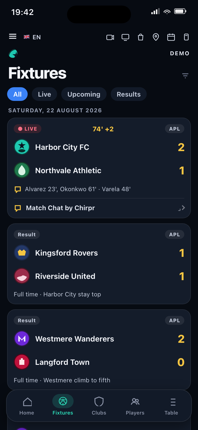 Harbor City FC fixtures list with a live Atlantic Premier match and a full-time result