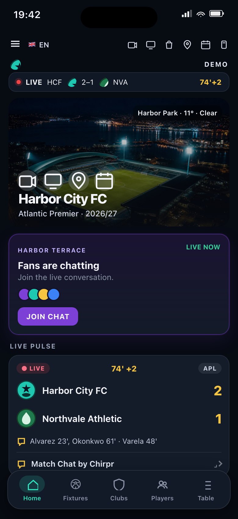 Harbor City FC home screen with Harbor Park, live score, and fan community