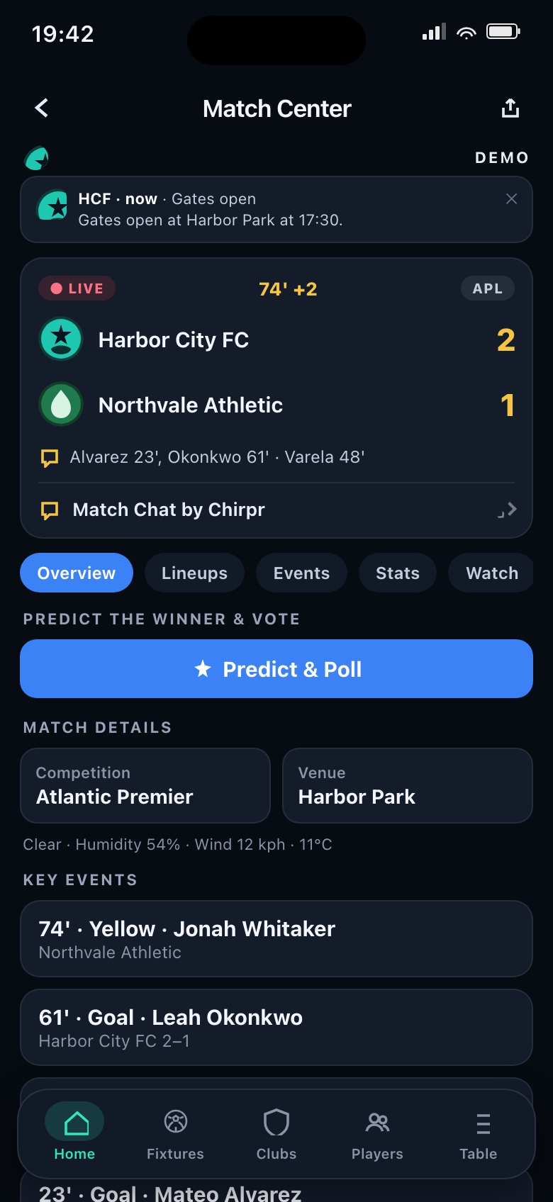 Harbor City FC Match Center with live 2–1 score against Northvale Athletic