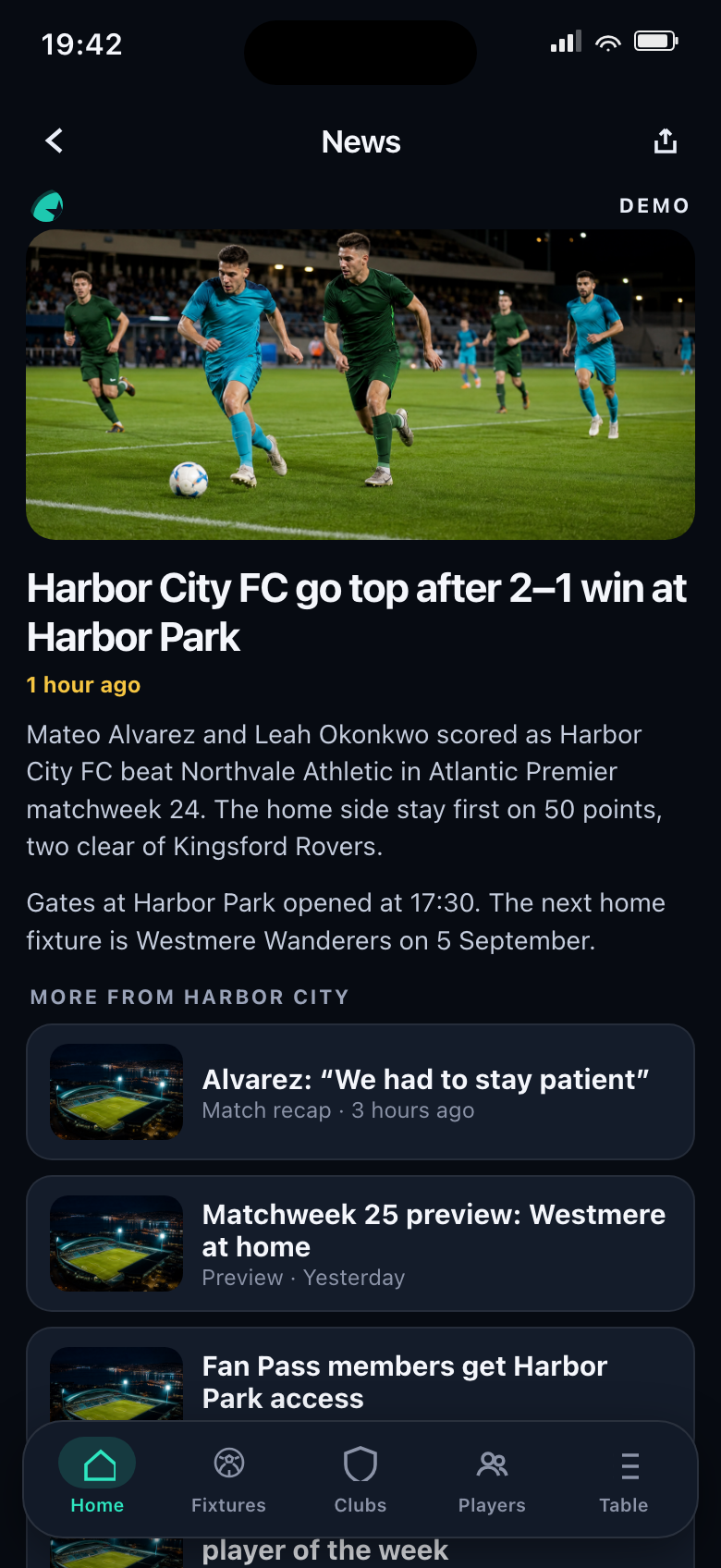 News article: Harbor City FC go top after a 2–1 win at Harbor Park