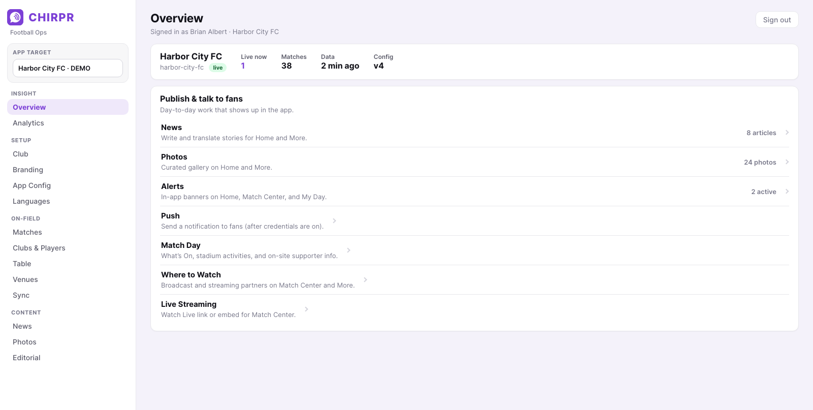 Football Ops dashboard for Harbor City FC with live match status and publishing tools