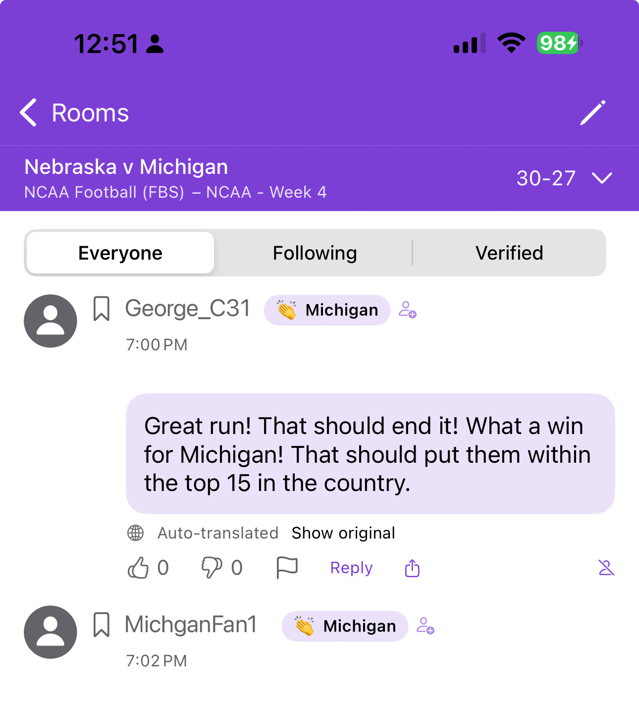 Screenshot of the Chirpr live sports chat app in action